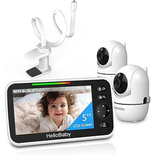HelloBaby Clip Clamp Mount Baby Monitor with 2 Cameras, 5'' Screen, and 26-Hour Battery - No-WiFi Baby Monitor with Flexible Gooseneck Arm