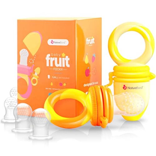 NatureBond Baby Food Feeder/Fruit Feeder Pacifier Nibbler (2 Pack) - Infant Teething Toy Teether Weaning in Appetizing Colors | + Additional Silicone Sacs - Sunshine Orange and Lemonade Yellow