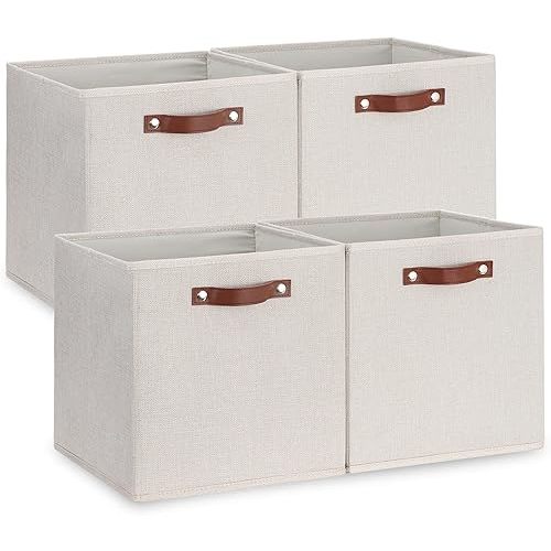 Temary Fabric Storage Cubes Storage Bins with Dual Leather Handles, 4 Pack Cube Baskets 13x13 Foldable Cube Organizers for Shelves, Home, Office, Nursery