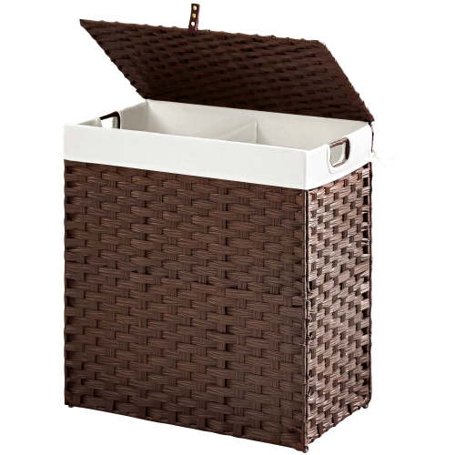 Rolanstar 110L Laundry Hamper Wicker Laundry Basket with Lid, Handles Clothes Hamper Foldable with 2 Removable Liner Bags, Brown