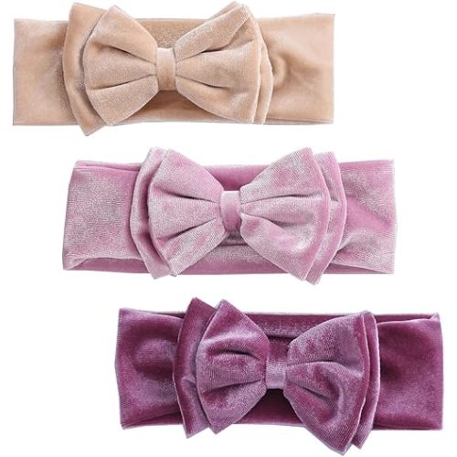 Hjiaruiky 3PCS Baby Girl Bows Baby Headbands Fall Velvet Bows for Baby Girls Newborn Handmade Elastic Hair Bows Headbands for Baby Infant Black Beige Pink (PURPLE+B-BEIGE)
