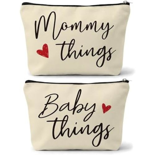 Mommy and Baby Matching Pouch Set, Mommy Things and Baby Things Bags, Gifts for New Moms Expecting Moms, Matching Travel Cases, Beige Set of 2