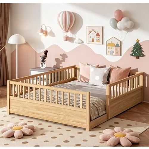 Bellemave Queen Floor Bed with high Fence, Solid Pine Wood Queen Montessori Bed for Kids Girls Boys Floor Bed Frame, Natural with slats