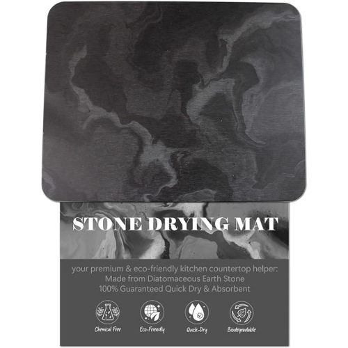 Large Stone Drying Mat for Kitchen Counter, Water Absorbing Stone, Quick Dry Stone Mat Kitchen, Diatomaceous Earth Dish Drying Mat (17.7 x 13.8 Inch Black Marble Drying Mat)