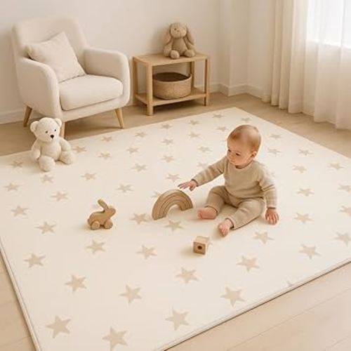 Baby Play Mat, Thick Foam Stars Design, Foldable Waterproof Mat for Crawling, Padded (79 x 59 Inches)