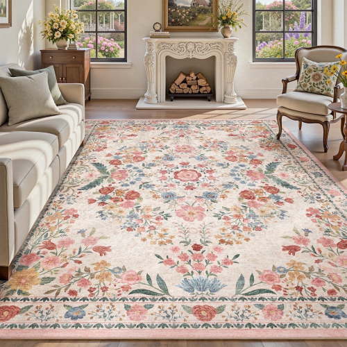 SIXHOME 6'x9' Vintage Floral Area Rug, Washable Soft Non-Slip Romantic Carpet for Living Room Bedroom Dining Room, Beige Pink Multi