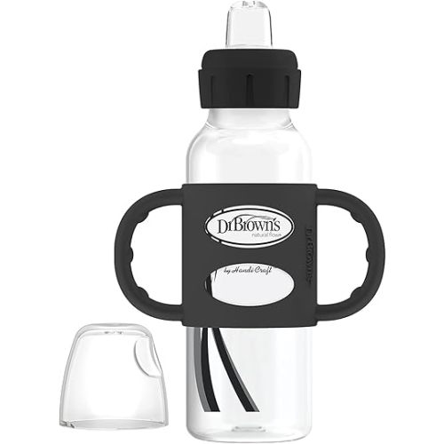 Dr. Brown's Milestones Narrow Sippy Spout Bottle with 100% Silicone Handles, Easy-Grip Handles with Soft Sippy Spout, 8oz/250mL, Black, 1-Pack, 6m+
