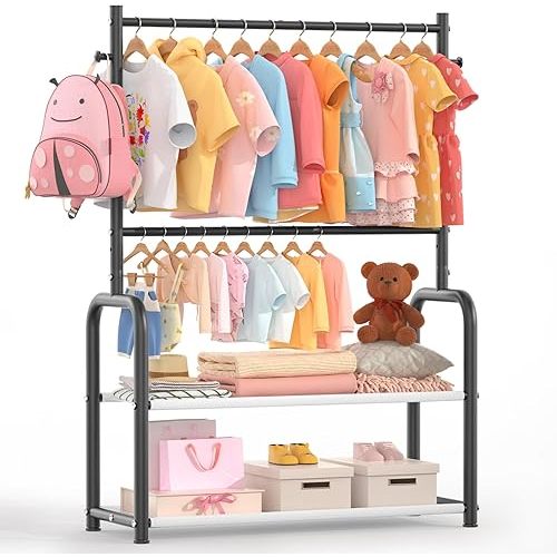 Kids Clothing Rack with 2-Layer Storage Shelf and 2 Adjustable Hanging Rods, Small Baby Closet Organizer for Hanging Clothes, Kids Dress Up Rack for Child (Classic, Black)