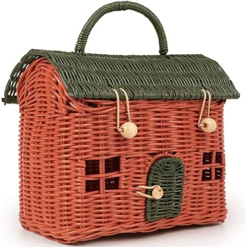 KOLWOVEN Rattan House Storage Basket with Lid - Mouse in a Box House- Small Doll house- Decorative Hand Woven Shelf Organizer Cute Handmade Handcrafted Gift Decoration Artwork Wicker (Moss green)