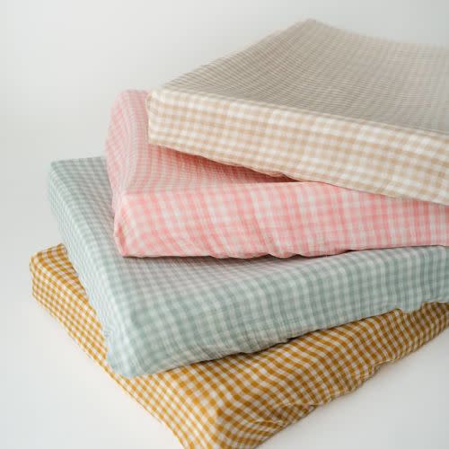 TISU Gingham Diaper Changing Pad Cover, 16 x 32 inches, Soft Muslin Cotton, Elastic Band, Check Pattern (Pink Gingham)