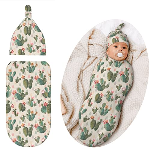 Qwalnely Swaddle Blanket for Baby, Swaddling Sleeping Sacks, Unisex Baby Stuff with Hat, Cactus