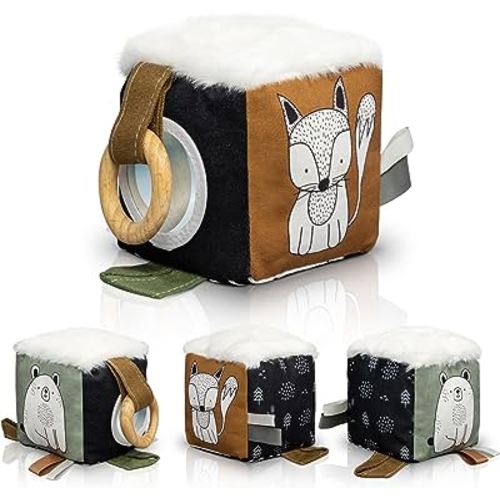 Soft Toy Block with Wooden Ring for Babies 0-3 and 0-6 Months - The Perfect High Contrast Activity Cube & Teething Toy with Tummy Time Mirror for Newborns - A Fun Sensory & Development Toy for Infants