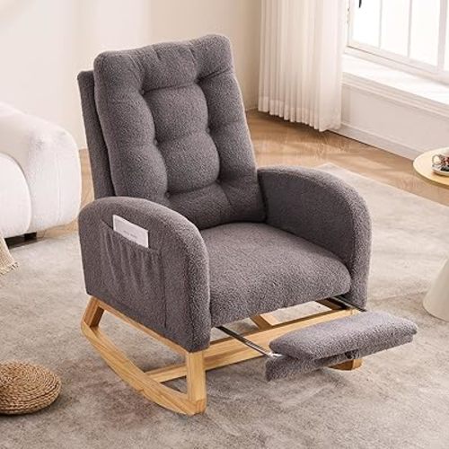 Nursery Rocking Chair with Retractable Footrest,Accent Rocker for Relaxing, Side Pocket,A+ Grade Rubber Wood,Suitable for Living Room,Bedroom and Balcony (Teddy Fleece, Dark Gray)