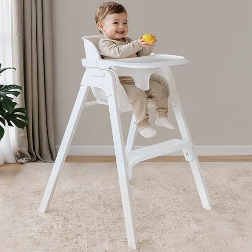 Fodoss Baby High Chair, Light Gray, 4-in-1 Foldable Design, Sturdy Metal Square Tube with Wood Grain, Removable Dishwasher Safe Tray, 5-Point Harness, Waterproof Cushion