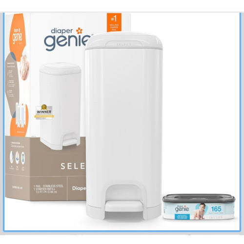 Diaper Genie Select Pail is Made of Durable Stainless Steel and Includes 1 Starter Square Refill That can Hold up to 165 Newborn-Sized Diapers.
