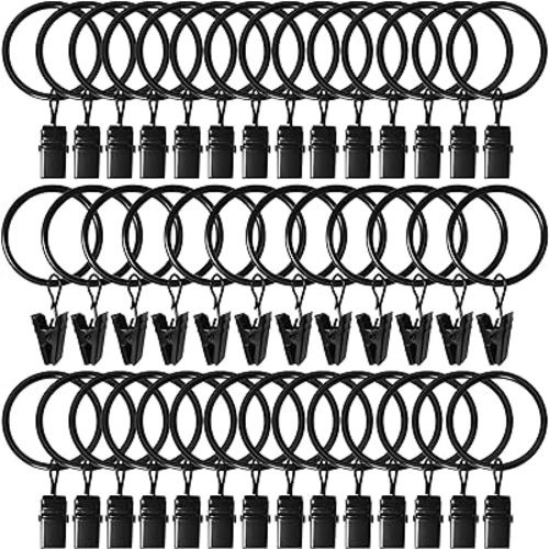 40 Pack Curtain Rings with Clips, Drapery Clips with Rings, Drapes Rings 1.26 in Interior Diameter, Fits up to 1 in Curtain Rod, Black