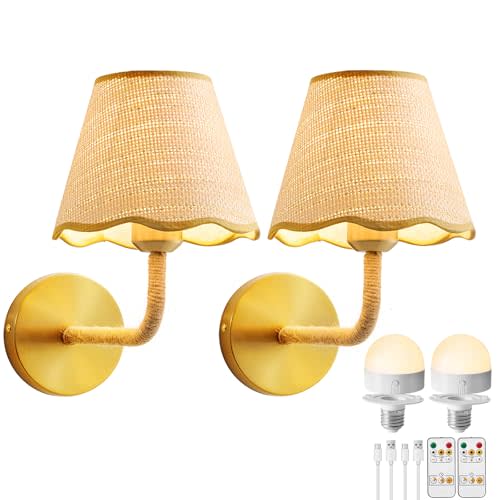 PENACINY Battery Operated Rattan Wall Sconces Set of Tow, Wireless Rechargeable Battery Powered Wall Light with Grass-Woven Lampshade for Bedroom Living Room Hallway Porch(E26 Bulb Included)