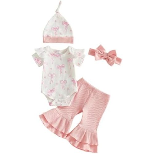 Twopumpkin Premmie Newborn Baby Clothes Girl 0 3 6 9 Month Outfits Ribbed Romper Bell Bottoms Pants Hat Headband 4PCS Sets