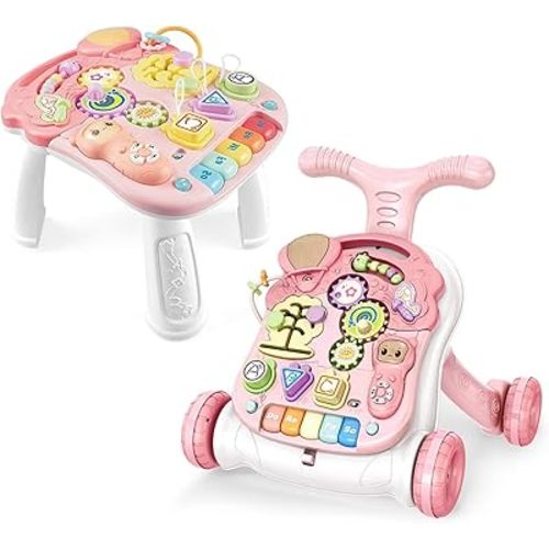 Baby Sit-to-Stand Learning Walker, 2 in 1 Baby Walker for Girls Boys, Educational Baby Push Walkers with Entertainment Activity Table, Baby Music Learning Toy Gift for Infant Boys Girls (Pink)