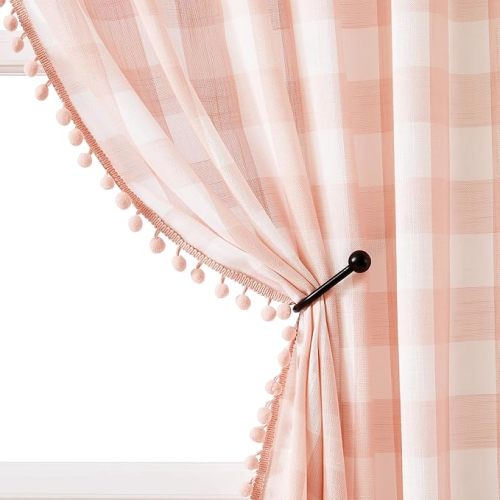 Treatmentex Blush Pink Buffalo Check Curtains for Girl's Room 84inch Farmhouse Pom Pom Curtain Drapes for Kid's Bedroom Plaid Semi Sheer Window Curtains, 42"x84" 2 Panels Rod Pocket