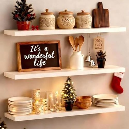 ROGMARS 36 Inches White Floating Book Shelves for Wall,Rustic Solid Wood farmhosue Wall Mounted Shelves with Invisible Brackets for Bedroom, Living Room, Kitchen,Bathroom Set of 3