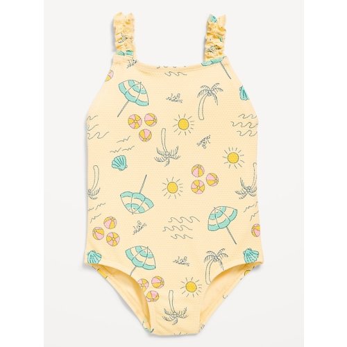 Printed Textured Ruffle-Strap One-Piece Swimsuit for Toddler Girls