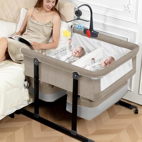 Twin Bassinet for 2 Babies - Double Bassinet for Twins with Music Toys, Mosquito Net & Storage Basket Portable Foldable Bedside Sleeper for Newborns, Khaki | Side By Side Design, Independent Space, Small Space Fit, Safe Co Sleeping, Stable Frame