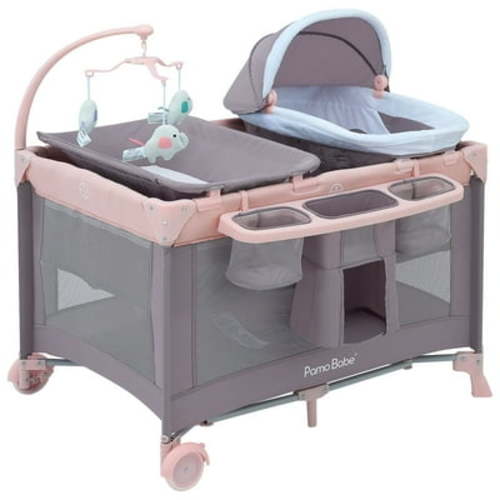 Pamo Babe Nursery Center Playard with Bassinet & Changing Table for Newborn,4-Panels Playpen