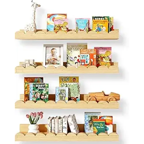 Nursery Floating Shelves for Kids Room, 4 Pack 15.7 Inch Natural Wood Wall Shelves with Scalloped Edge, Kids Bookshelves for Toddler Bedroom, Playroom, Baby Nursery Decor
