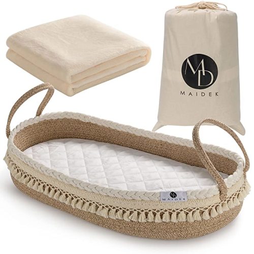 Baby Changing Basket - Handmade Woven Cotton Rope Moses Basket - Changing Table Topper with Mattress Pad, Removable Cover, Soft Blanket, Furniture - 29x16x4.7"