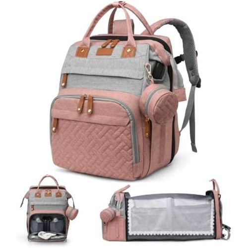 Diaper Bag Backpack, Multifunction Travel Baby Bag, Waterproof Tote Backpack with USB Port, Pacifier Case and Stroller Straps, Newborn Essentials for Moms Dads, Girls, Gray Pink