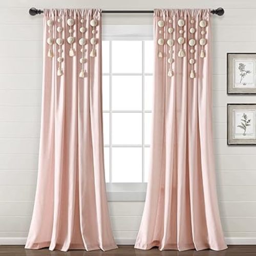 Lush Decor Panel de cortina de lino con borlas y pompones estilo bohemio (panel individual), 84 pulgadas de largo x 52 pulgadas de ancho, color rubor