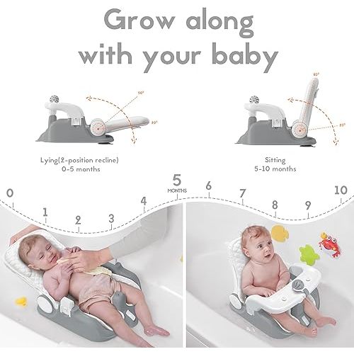 BabyBond Baby Bath Seat with Sitting & Lying 2 Modes, 3-Speed Adjustment, Powerful Suction Cups, Infant Bathtub Chair with Soft and Comfortable Towel, Folding and Hanging
