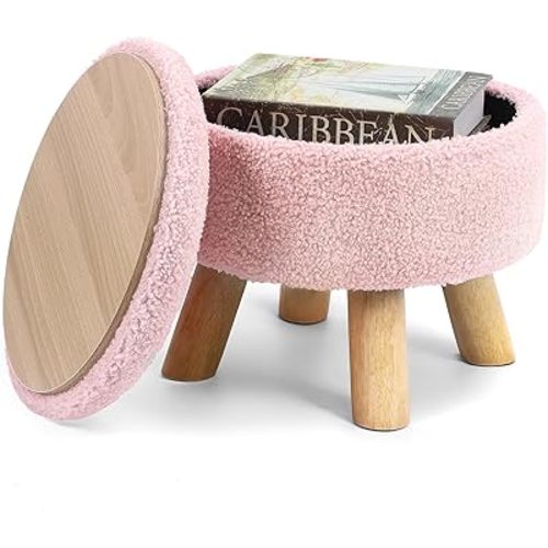 Ottoman Foot Rest, Small Round Ottoman with Storage, Boucle Teddy Velvet Footstool with Wood Legs, Soft Sponge Storage Ottoman for Living Room, Bedroom, Couch, Enterway (Pink)