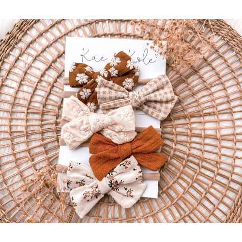 5pc Baby Bow Headbands | Neutral Fall Newborn- Toddler Accessories | Floral Embroidered