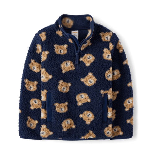 Boys Bear Sherpa Half Zip Pullover - Little Essentials - Blue