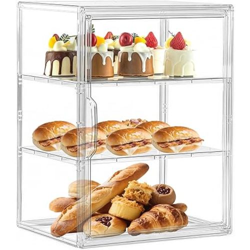 Pastry Display Case, Large Bread Box for Kitchen Countertop, 3 Layers Adjustable Clear Bread Storage with Magnetic Door, Bread Container for Bread, Bagel, Donut