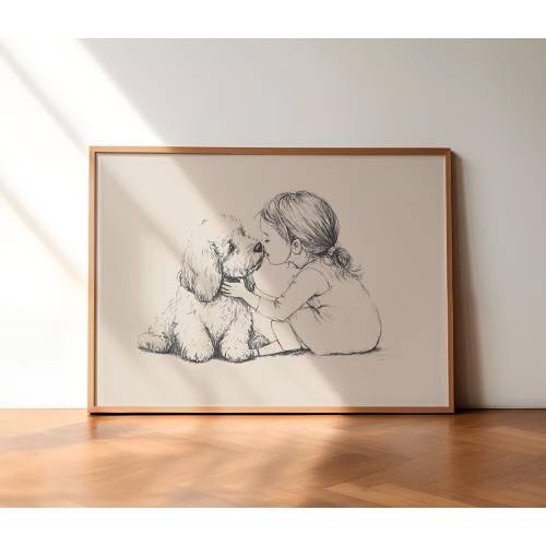 Girl and a Goldendoodle Print, Dog Vintage Art, Antique Vintage Painting, Farmhouse Wall Decor, Country Wall Art, Dog Drawing, Dog Wall Art