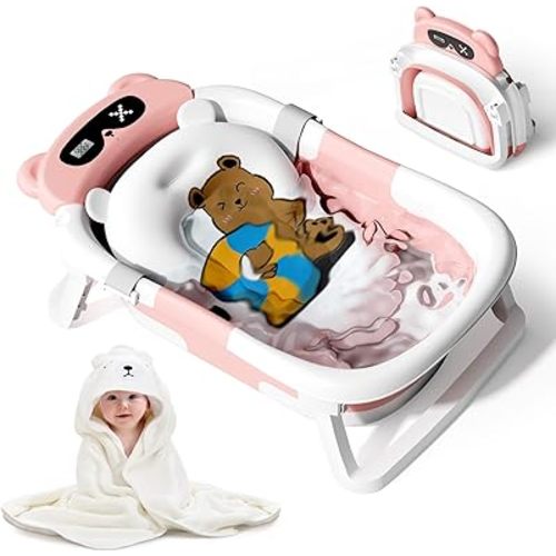 Collapsible Baby Bathtub for Newborn to Toddler (0-18 M) - Portable Baby Tub with Thermometer, Newborn Bathtub with Soft Towel and Floating Cushion (Pink)