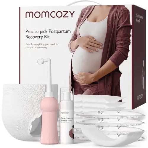 Momcozy Postpartum Recovery Essentials Kit, 19 PCS Labor Delivery Mom Care Set, Self-Absorbent Disposable Underwear Upside Down Peri Bottle Instant Ice Pads Cooling Foam Canvas Bag Kit