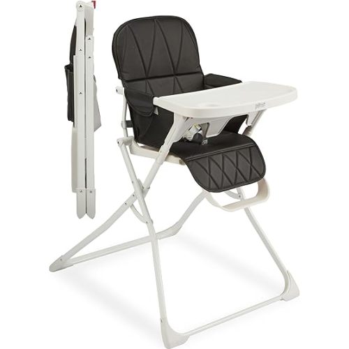 Primo PopUp Folding High Chair for Baby Age 6 to 36 Months - Black Folding Beach Style High Chair with Removable Dishwasher Safe Tray, 3pt Safety Harness, Leatherette Seat - Space Saving Design