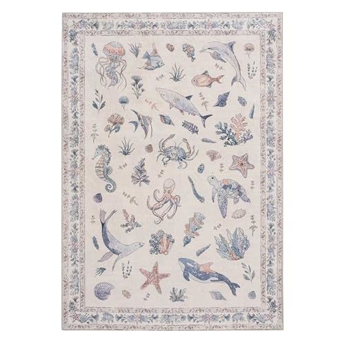 Beachy Coastal 5x7 Washable Nursery Rug (Pink Multi, 5' x 7') | Soft Marine Fish Faux Wool Stain Resistant Non-Slip Backing for Playroom Bathroom Living Room Bedside Cute Nautical Ocean