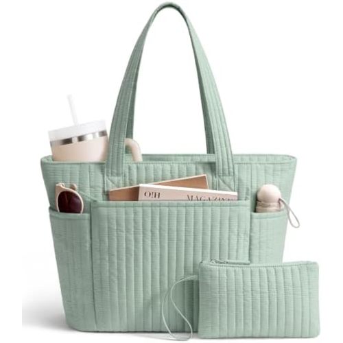 Bagstellar Quilted Tote Bag for Women, Puffer Cotton Zip Laptop Work Tote Purses Handbag for Teacher, Nurse, Travel, School
