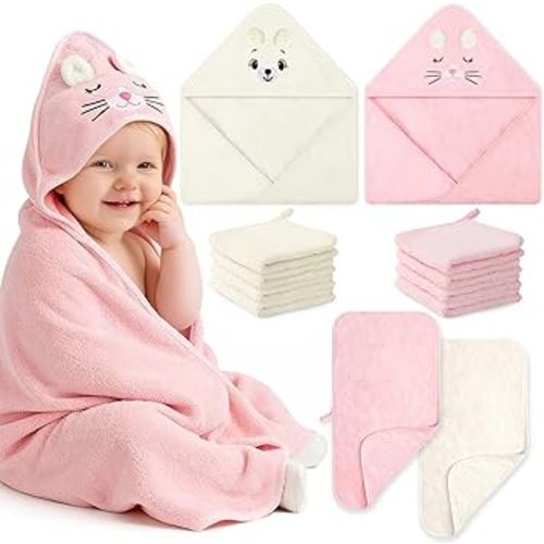 12 Pcs Baby Bath Towels Set for Infants Toddlers, 2 Pcs Animal Hooded Bath Towel, 2 Pcs Baby Burp Cloths & 8 Pcs Washcloths Set, Absorbent Soft Newborn Gift for Boys & Girls (Kitten & Bear)