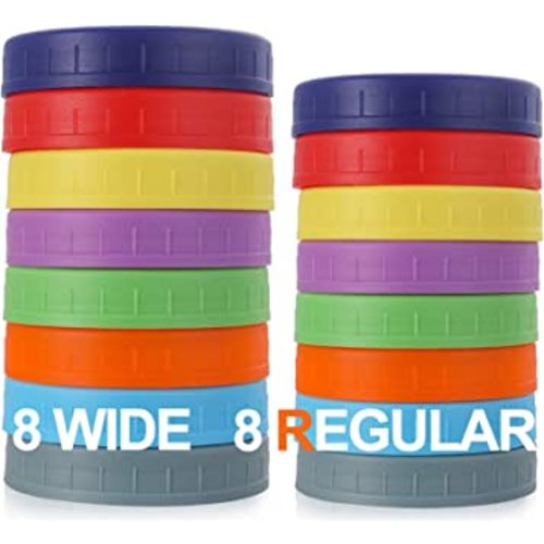 16 Pack Plastic Mason Jar Lids Fits Ball, Kerr & More - 8 Wide Mouth & 8 Regular Mouth - Colored Storage Caps for Canning Jars