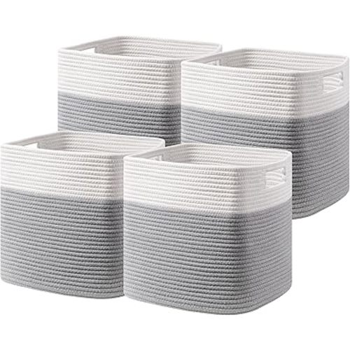 UBBCARE Set of 4 Storage Basket-13 X 13 X 13 in, Cotton Rope Basket for Shelves, Toys, Book, Cube Storage Bins with Handles, Woven Storage Basket for Organizing, White/Grey