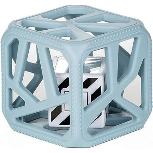 Malarkey Kids Chew Cube Baby Chew Toy, Baby Toy Rattle Teether, New-Born Toy - Heals Aching Gums, Four-Way Sensory Stimulation, Easy Grip, BPA Free Food Grade Silicone Material (Steel Blue)
