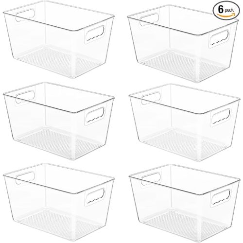 YIHONG 6 Pack Clear Pantry Organizer Bins, Plastic Containers with Handle for Kitchen,Freezer,Cabinet,Closet,Bathroom Under Sink Storage