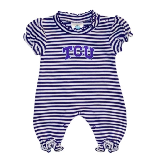 TCU Horned Frogs PURPLE Baby Stripe Puff Sleeve Romper
