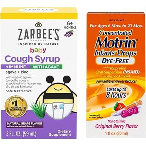 Motrin and Zarbee’s Essentials for Infants Infants' Concentrated Liquid Medicine Drops with Ibuprofen and Zarbee's Baby Coughⱡ Syrup + Immune with Organic Agave + Zinc